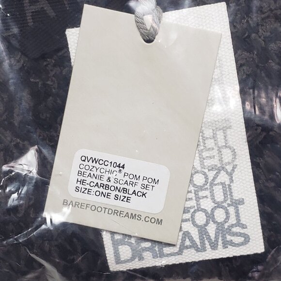 Barefoot Dreams CozyChic Pom Pom Beanie & Scarf Set Carbon/Black OS Winter Wear - Picture 9 of 12